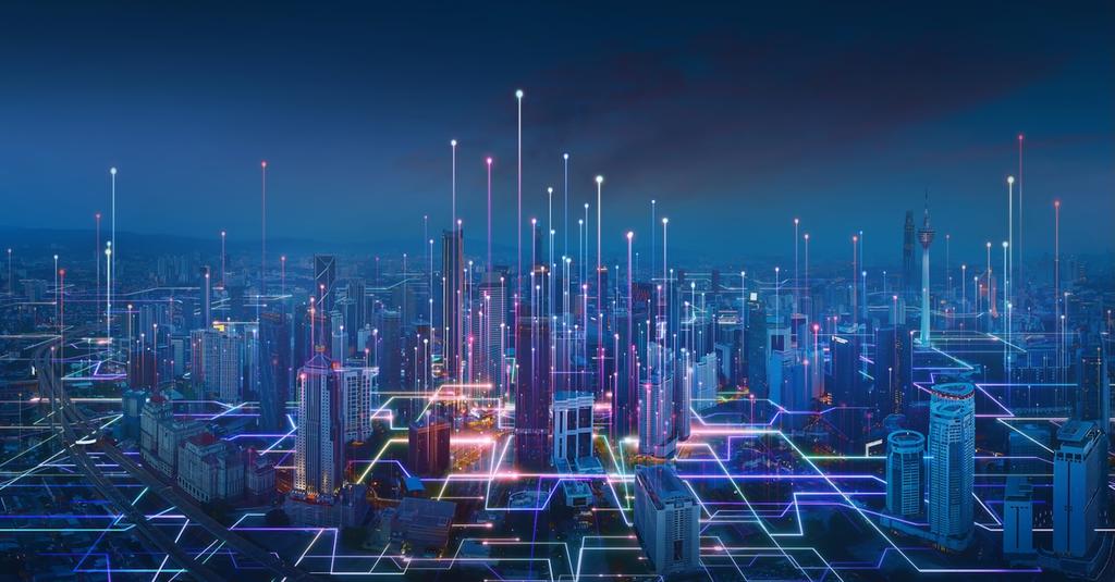 Futuristic city skyline overlaid with glowing data nodes and digital connection lines.